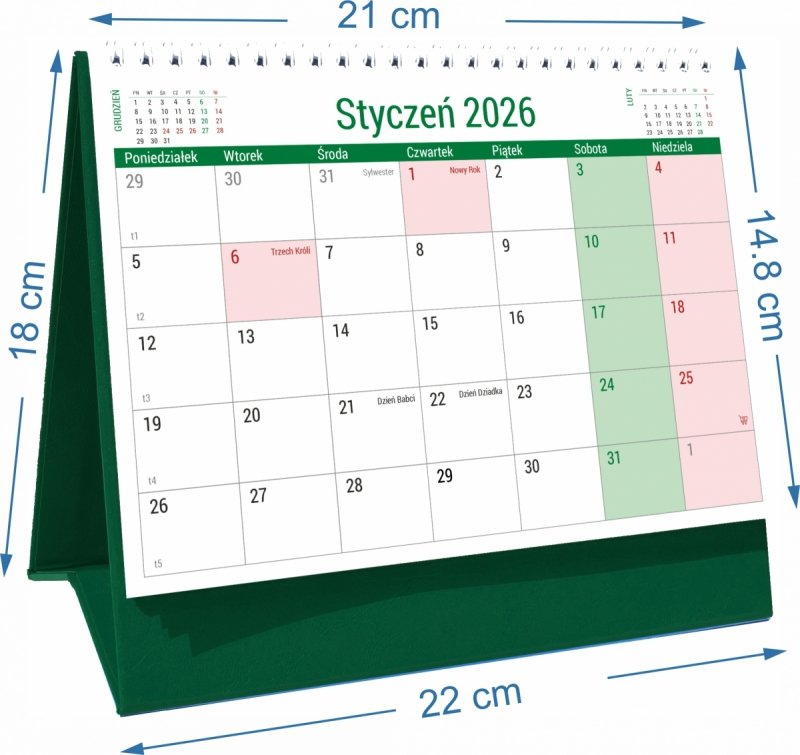 Wymiary kalendarza biurkowego PLANO na rok 2026