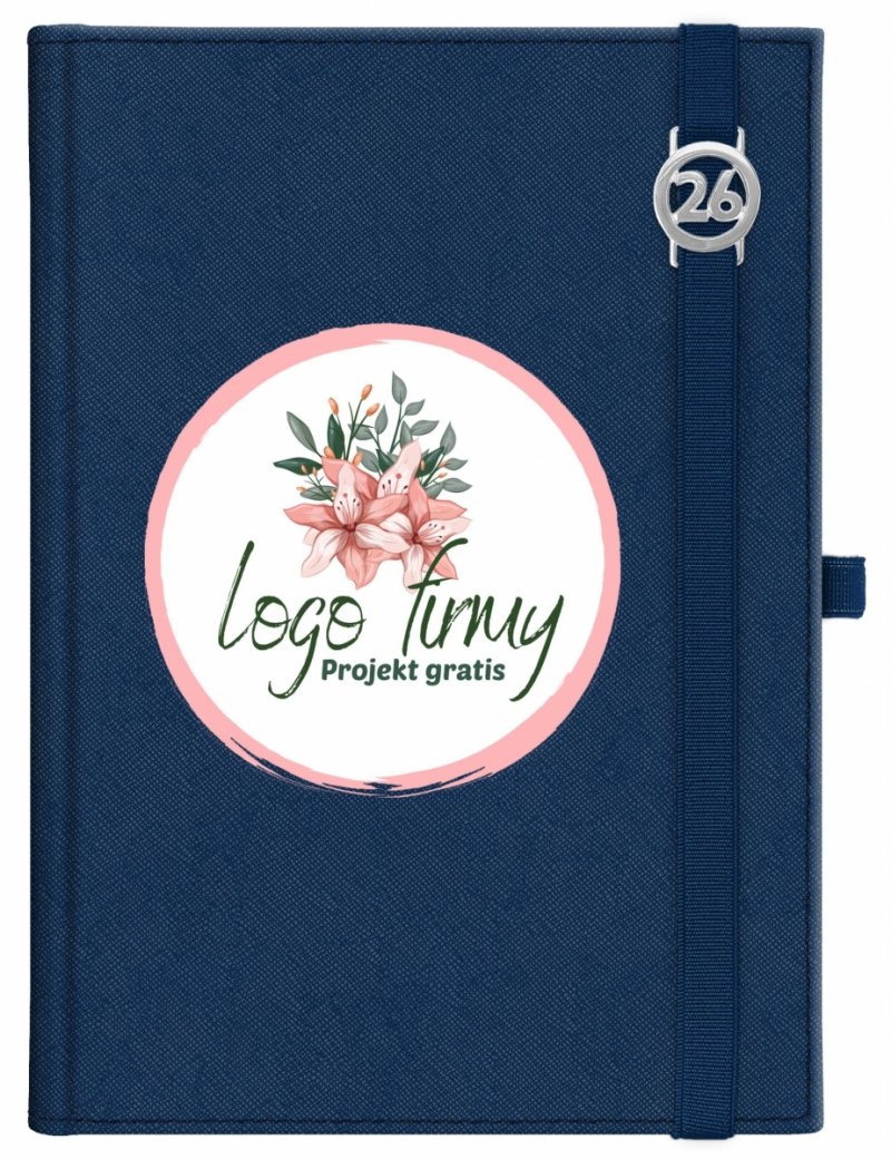 Kalendarz książkowy 2026 B5 dzienny papier chamois wycinane registry oprawa z zamykaniem na gumkę i mocowaniem na długopis ROSSA VIU granatowa Z NADRUKIEM LOGO