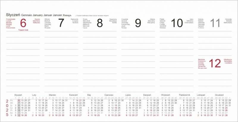 kalendarz biurkowy na rok 2025 tygodniowy z notesami i znacznikami
