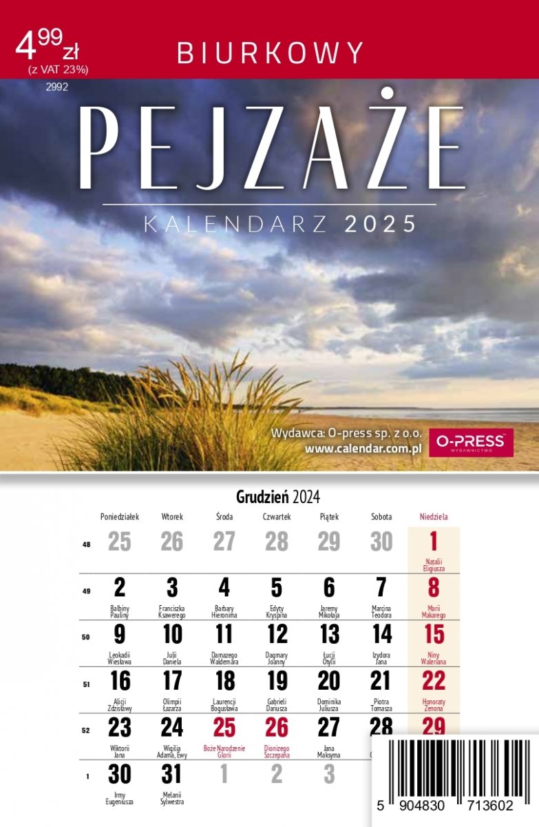 Kalendarz biurkowy stojący PIONOWY MIESIĘCZNY PEJZAŻE 2025 - okładka