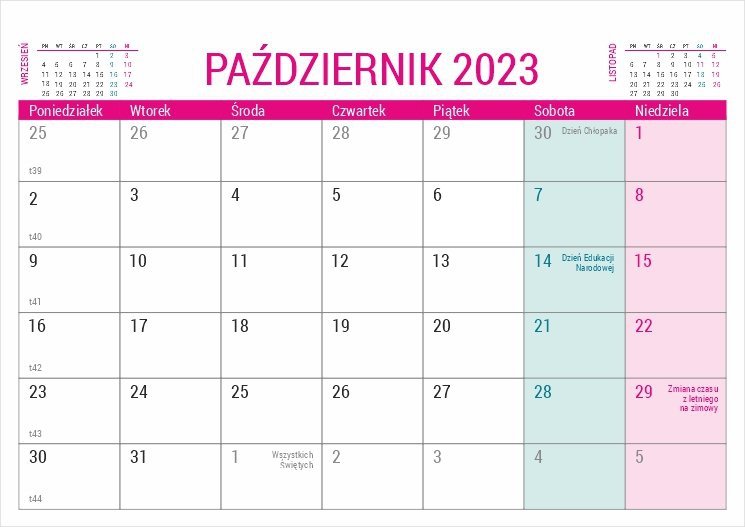 Kalendarz biurkowy PLANO dla uczniów i nauczycieli kartka z kalendarium - październik 2023