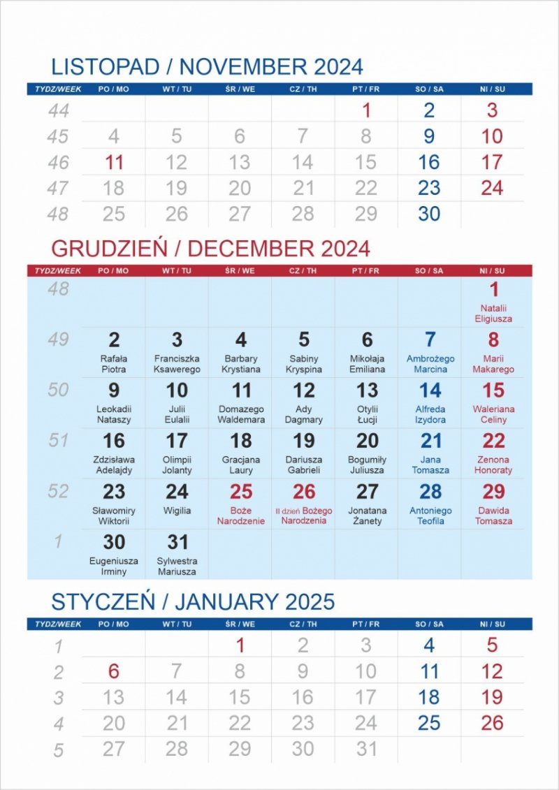 Kalendarz do biura na rok 2024, 3 miesiące na stronie