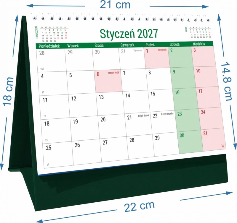 Wymiary kalendarza biurkowego PLANO na rok 2027