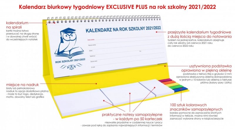 Kalendarz stojący na biurko tygodniowy na rok szkolny 2021/2022 + notesy i znaczniki samoprzylepne