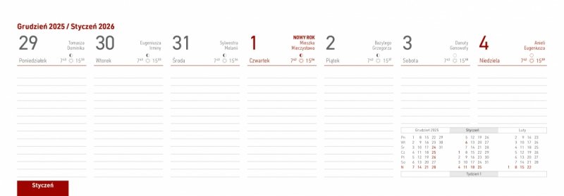 kalendarz tygodniowy na rok 2026 biurkowy z miejscem na notatki