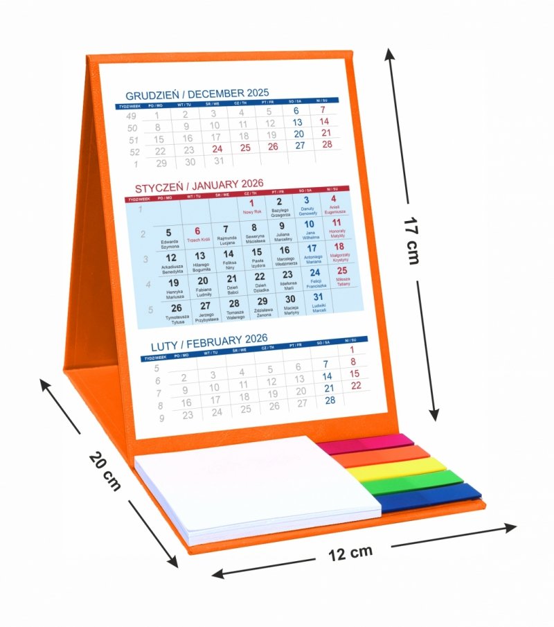 Kalendarz biurkowy z notesem i znacznikami TOP 3-miesięczny 2026 pomarańczowy