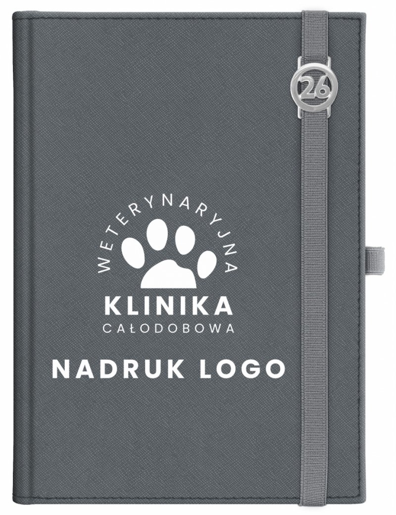 Kalendarz książkowy 2026 B5 dzienny papier chamois wycinane registry oprawa z zamykaniem na gumkę i mocowaniem na długopis ROSSA VIU szara Z NADRUKIEM LOGO