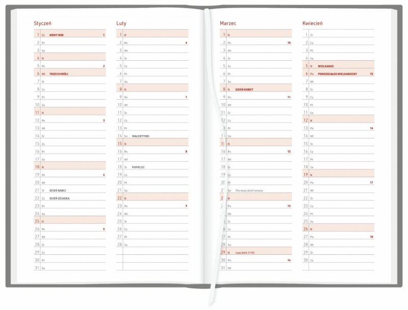 skrócone miesiące od stycznia 2026 do kwietnia 2026 z miejscem na krótkie zapiski