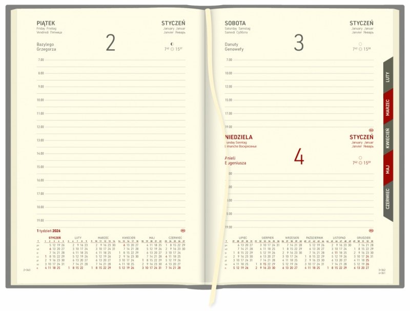 układ dzienny kalendarza A4 z wycinanymi registrami