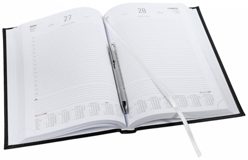 Kalendarz książkowy 2026 B5 dzienny papier biały drukowane registry oprawa ALUMINIUM czarna