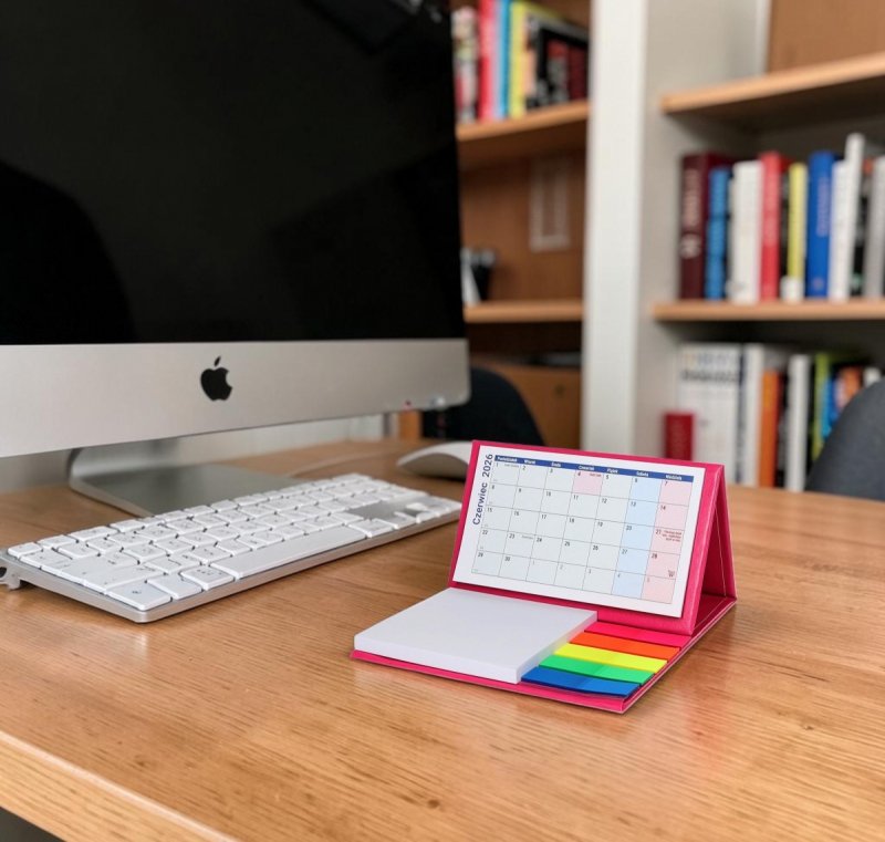 kalendarz do postawienia na biurku z notesami i znacznikami na rok szkolny 2026/2027