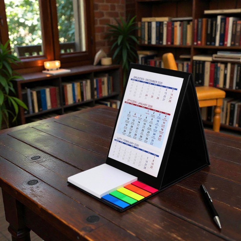 Kalendarz biurkowy z notesem i znacznikami TOP 3-miesięczny 2026 szary