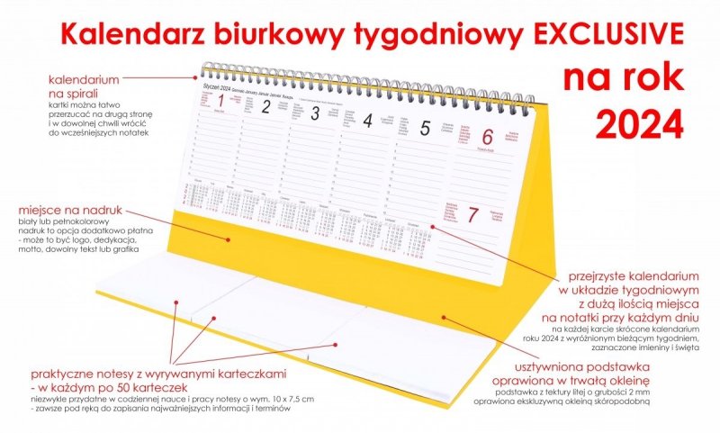 Kalendarz biurkowy stojący na podstawce - kalendarium tygodniowe na rok 2024