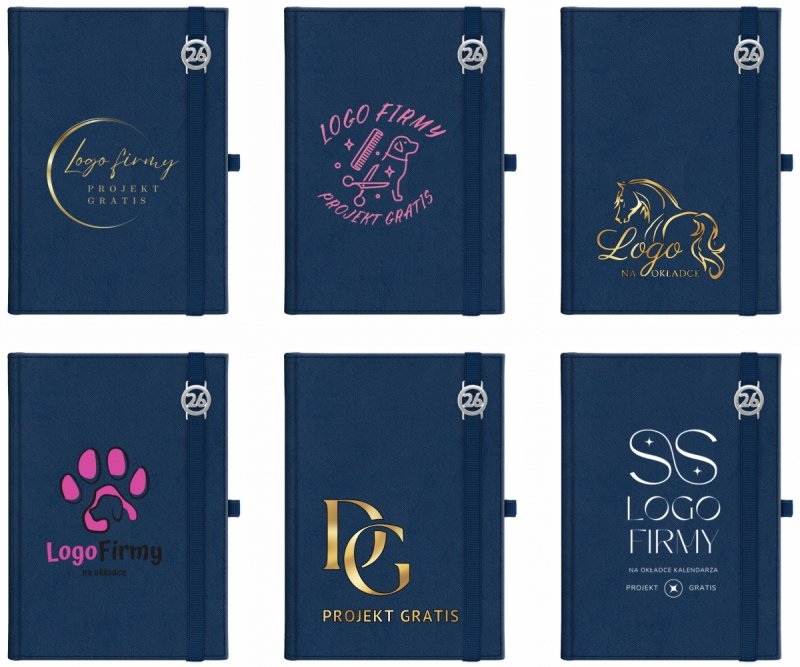 Kalendarz książkowy 2026 B5 dzienny papier chamois wycinane registry oprawa z zamykaniem na gumkę i mocowaniem na długopis ROSSA VIU granatowa Z NADRUKIEM LOGO