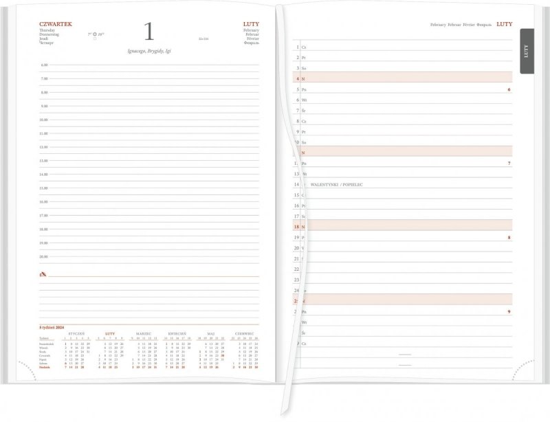 Blok kalendarza A4 sobota i niedziela na osobnych stronach w kolorze białym z drukowanymi registrami na rok 2024