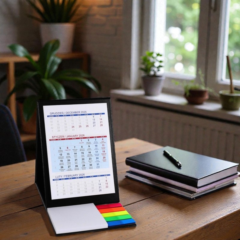 Kalendarz biurkowy z notesem i znacznikami TOP 3-miesięczny 2026 bordowy