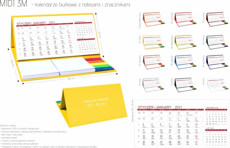 Kalendarz biurkowy z notesami i znacznikami MIDI 3-miesięczny 2021 - kalendarium, wymiary