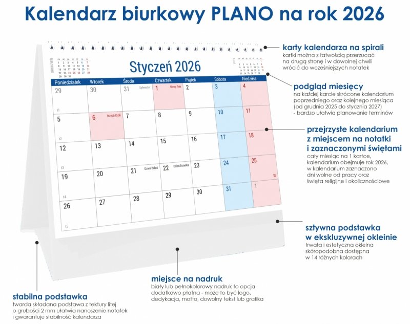 Kalendarz 2026 PLANO stojący na twardej podstawce