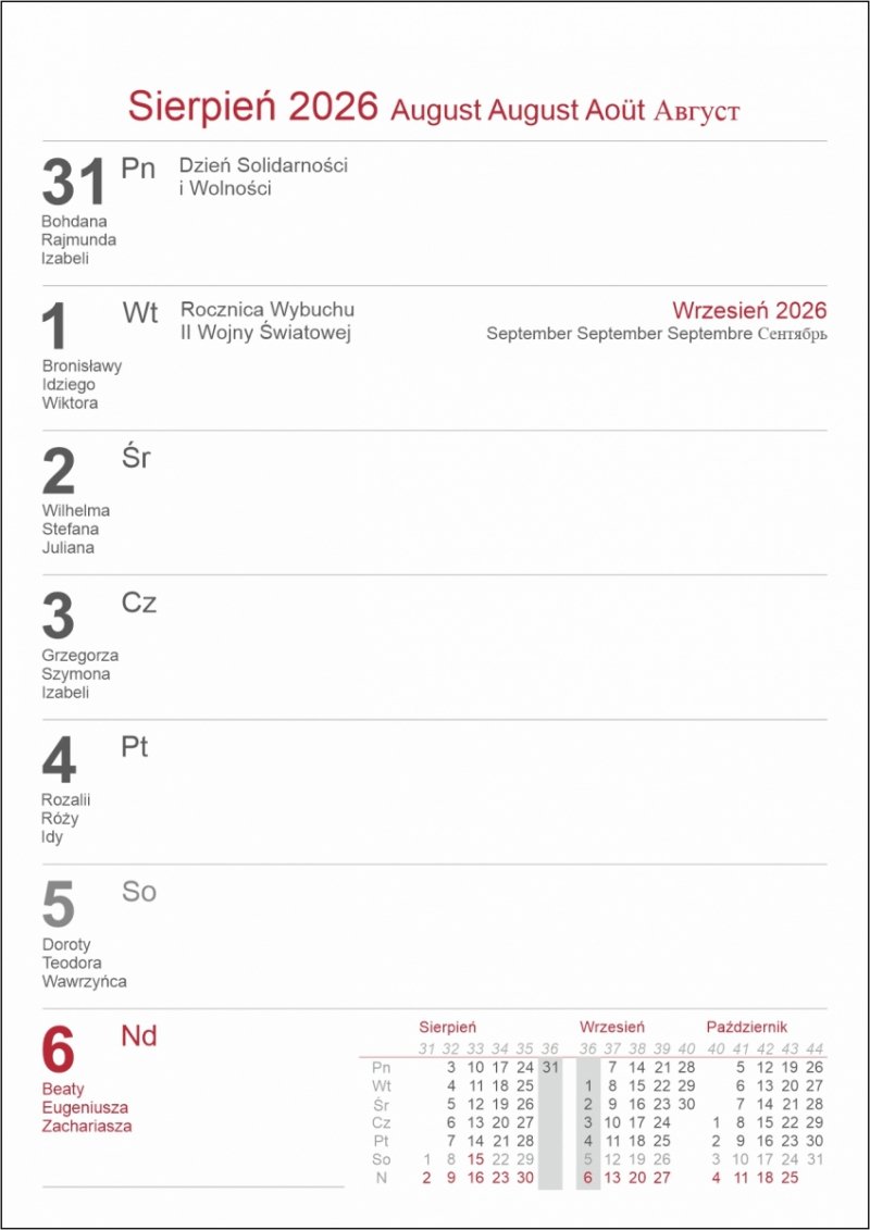 kalendarz biurkowy stojący na rok 2026