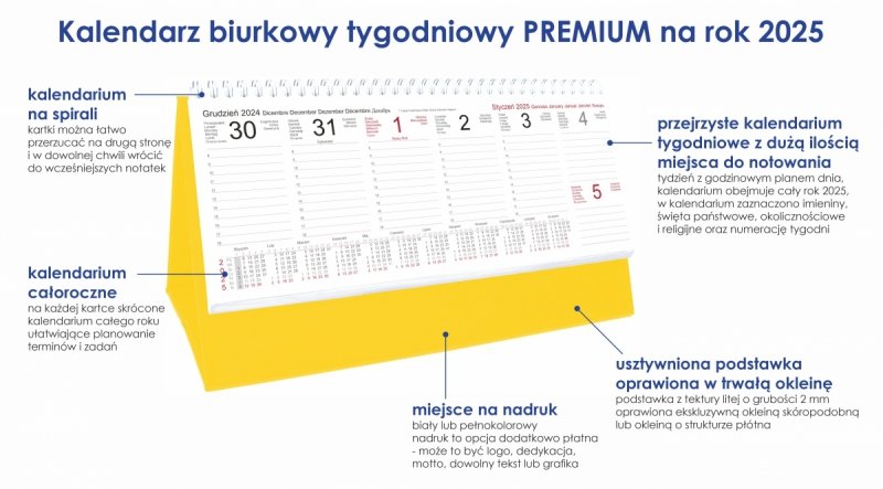 Kalendarz biurkowy stojący na podstawce - kalendarium tygodniowe na rok 2025
