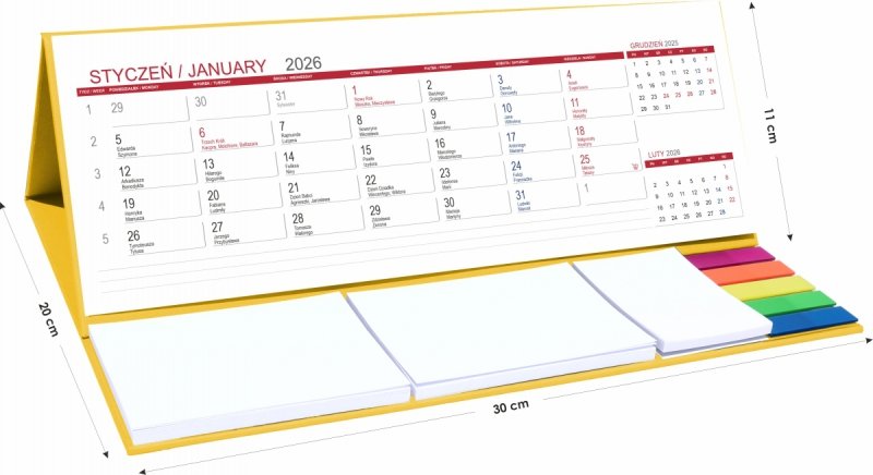 Kalendarz biurkowy z notesami i znacznikami samoprzylepnymi MAXI 2026 żółty