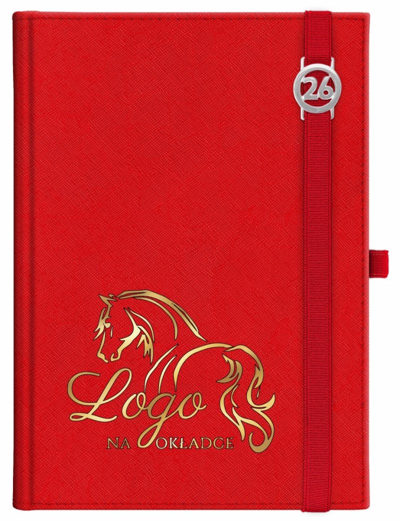 Kalendarz książkowy 2026 B5 dzienny papier chamois wycinane registry oprawa z zamykaniem na gumkę i mocowaniem na długopis ROSSA VIU czerwona Z NADRUKIEM LOGO