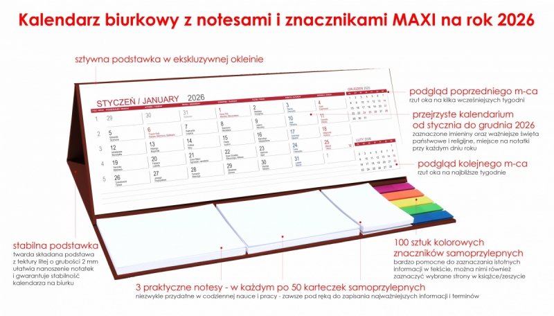 Kalendarz biurkowy z notesami i znacznikami samoprzylepnymi MAXI 2026 brązowy