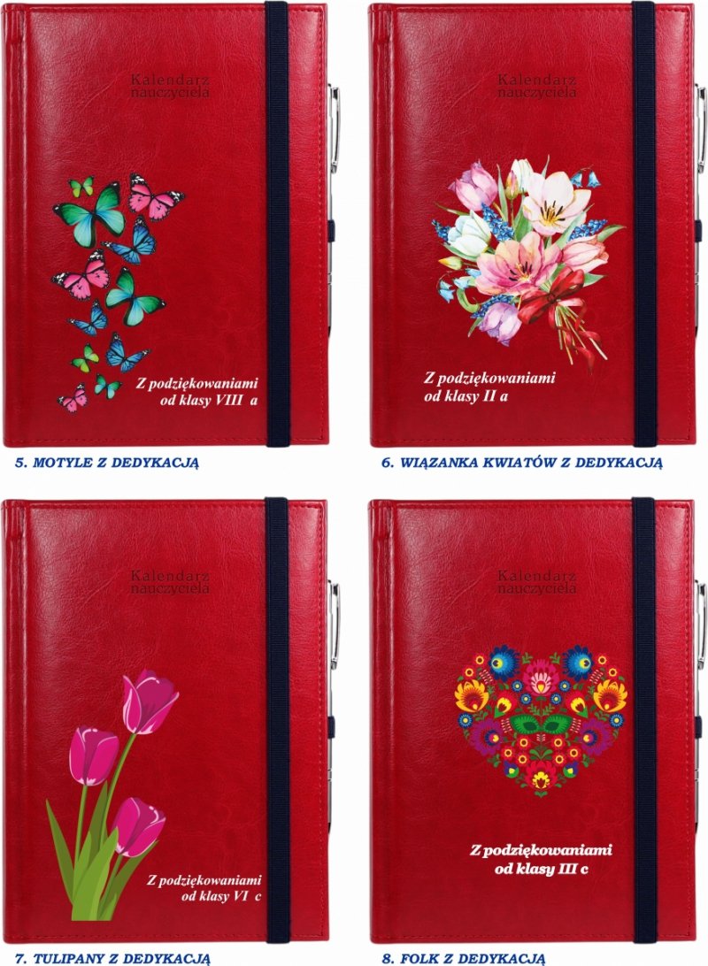 wzory do wyboru okładek do kalendarza książkowego z dedykacją dla nauczyciela na prezent od klasy