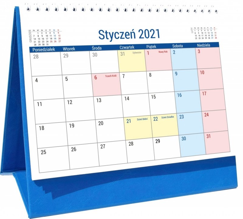 Kalendarz biurkowy stojący na podstawce PLANO 2021 niebieski