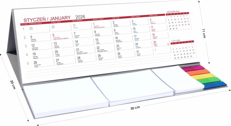 Kalendarz biurkowy z notesami i znacznikami samoprzylepnymi MAXI 2026 szary