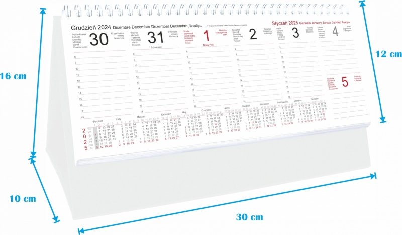 Wymiary kalendarza tygodniowego na rok 2025