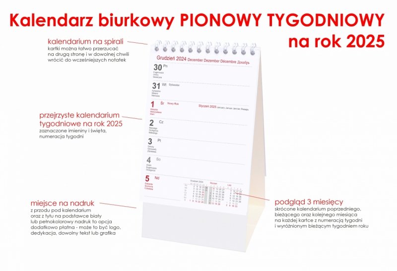opis kalendarza biurkowego pionowego tygodniowego na rok 2025