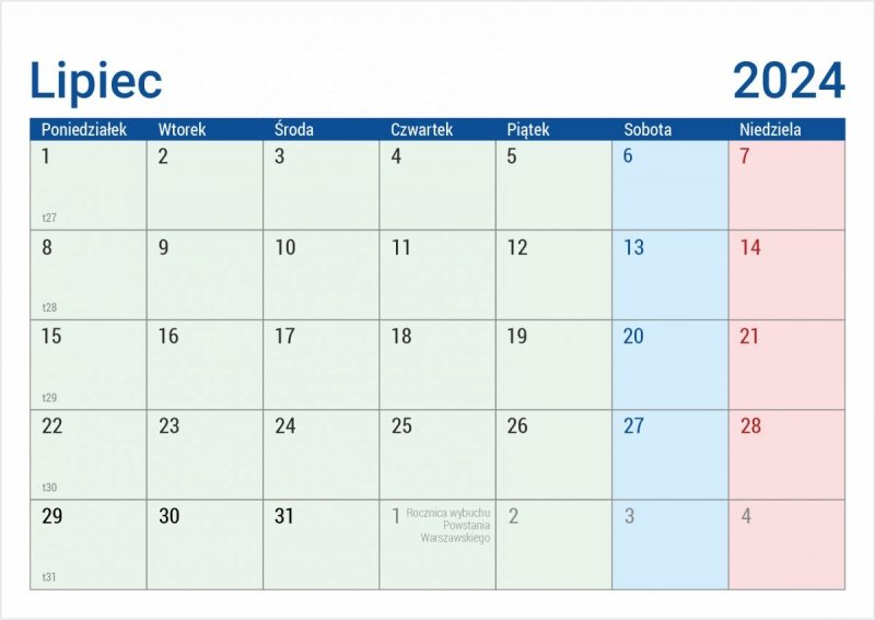 Kalendarium do kalendarza MINI PLANO - lipiec 2024