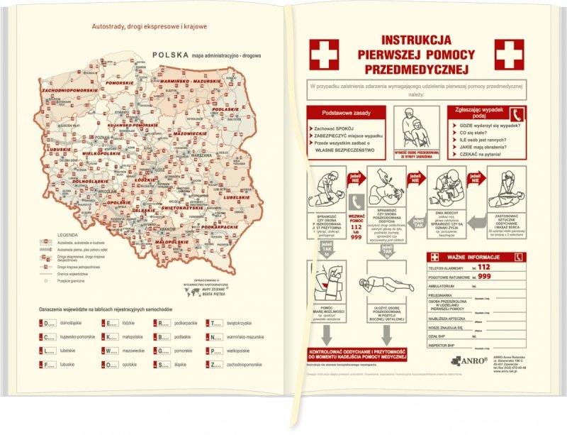 mapa z autostradami, drogami krajowymi oraz ekspreosowymi, instrukcja pierwszej pomocy przedmedycznej