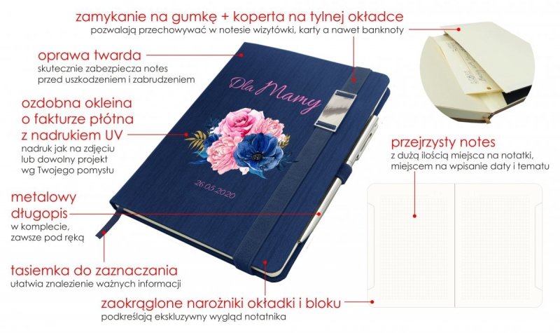 Notes A5 z długopisem zamykany na gumkę - oprawa twarda w ozdobnej okleinie - Z NADRUKIEM NA DZIEŃ MATKI