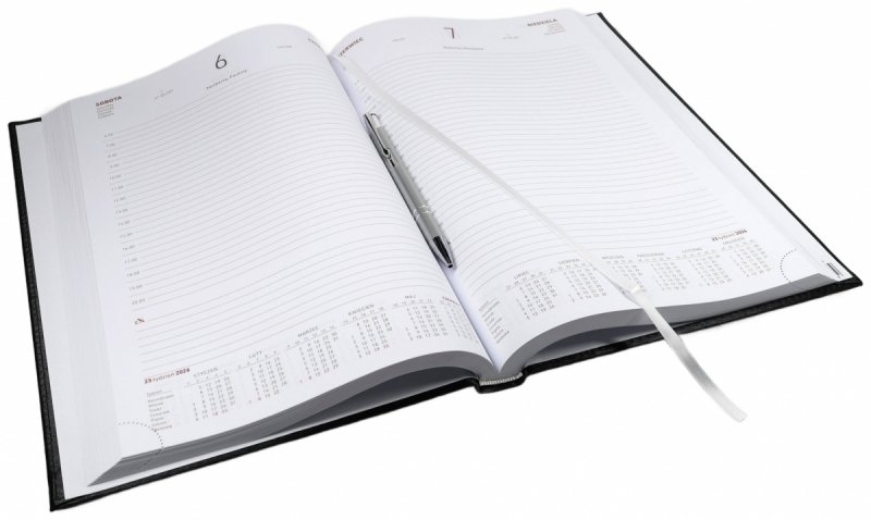 Kalendarz książkowy 2026 A4 dzienny papier biały drukowane registry oprawa ALUMINIUM granatowa