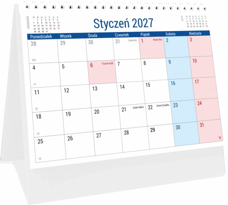 Kalendarz biurkowy PLANO na rok 2027 z dużą ilością miejsca na notatki