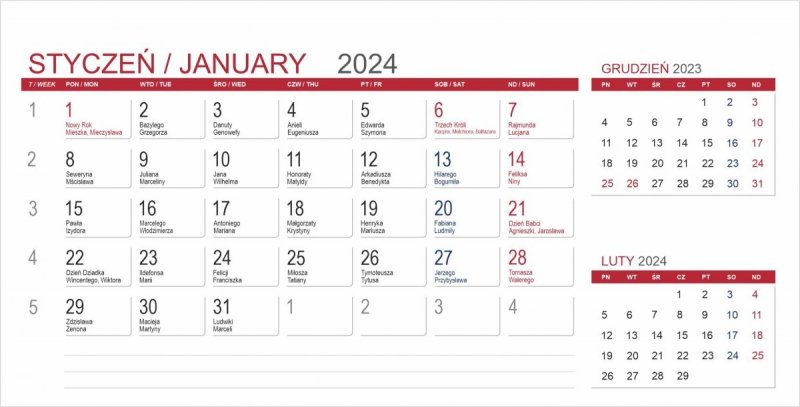 Kartka z kalendarium biurkowego MIDI 3-miesięcznego - styczeń 2024