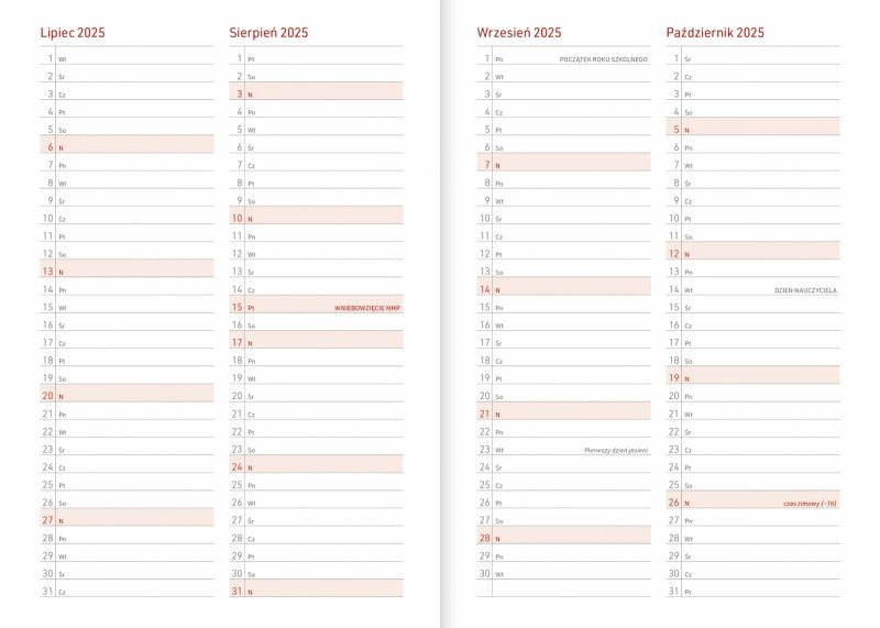 kalendarz od lipca 2025 do października 2026