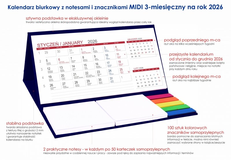 opis kalendarza MIDI 3-miesięczny na rok 2026 z notesami i znacznikami