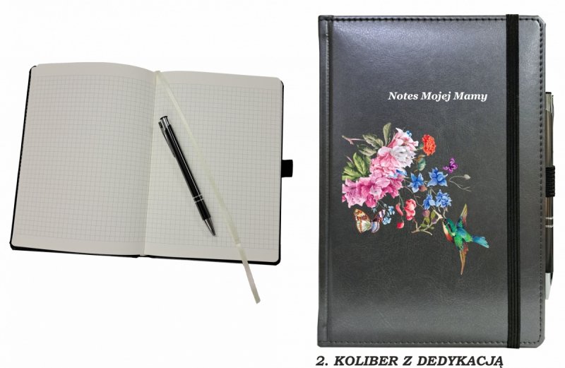 notes zamykany na gumkę z długopisem z grafiką na okładce