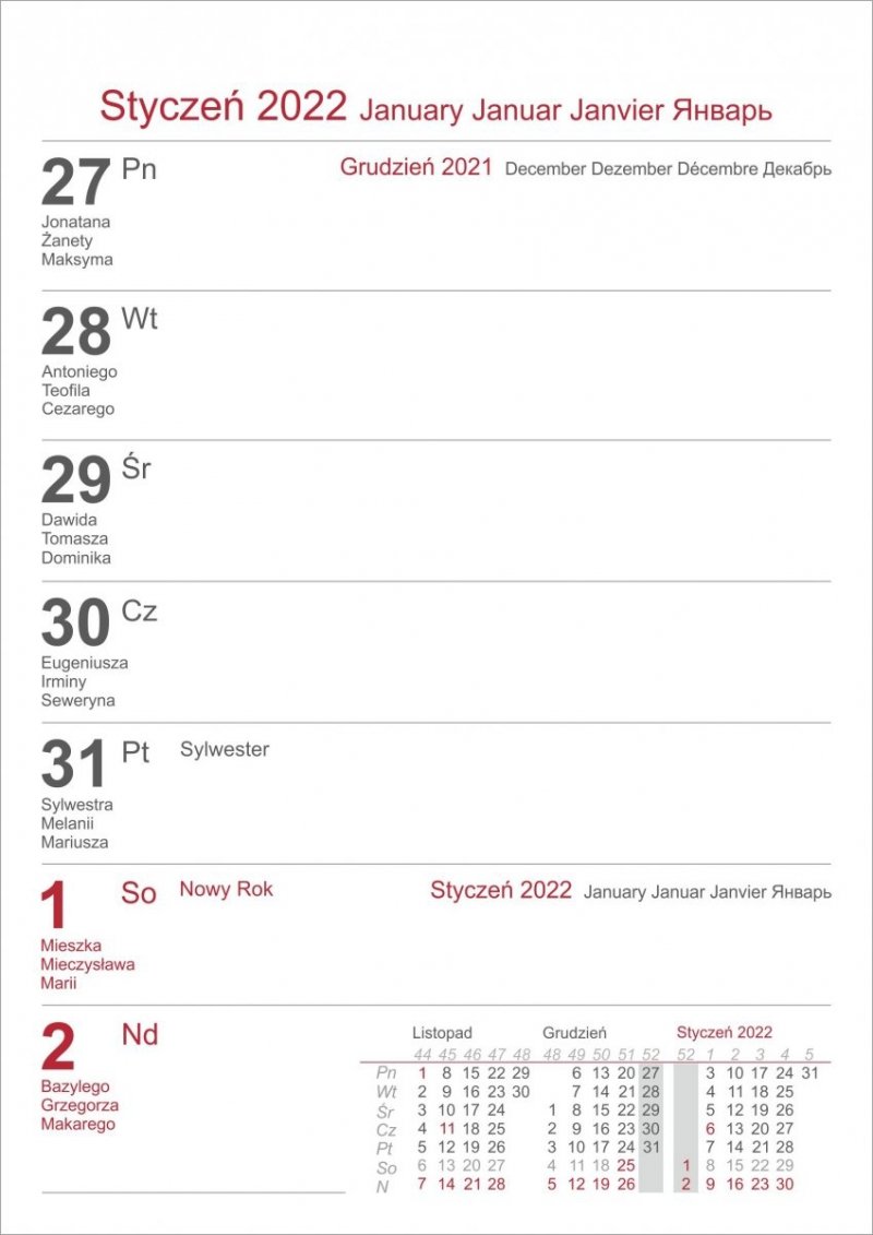 Kalendarz biurkowy z notesem i znacznikami TOP tygodniowy 2022 czerwony