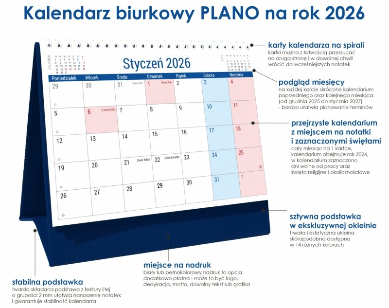 Kalendarz 2026 PLANO stojący na twardej podstawce