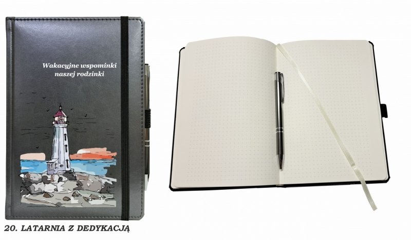 notes zamykany na gumkę z długopisem z grafiką na okładce