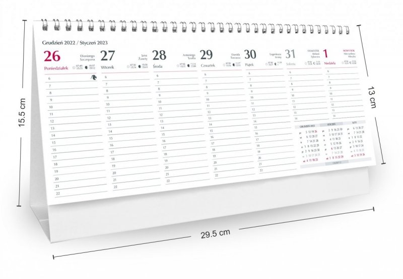 Kalendarz biurkowy stojący granatowy TROPIKALNA PLAŻA 2023 - wymiary kalendarza i kalendarium