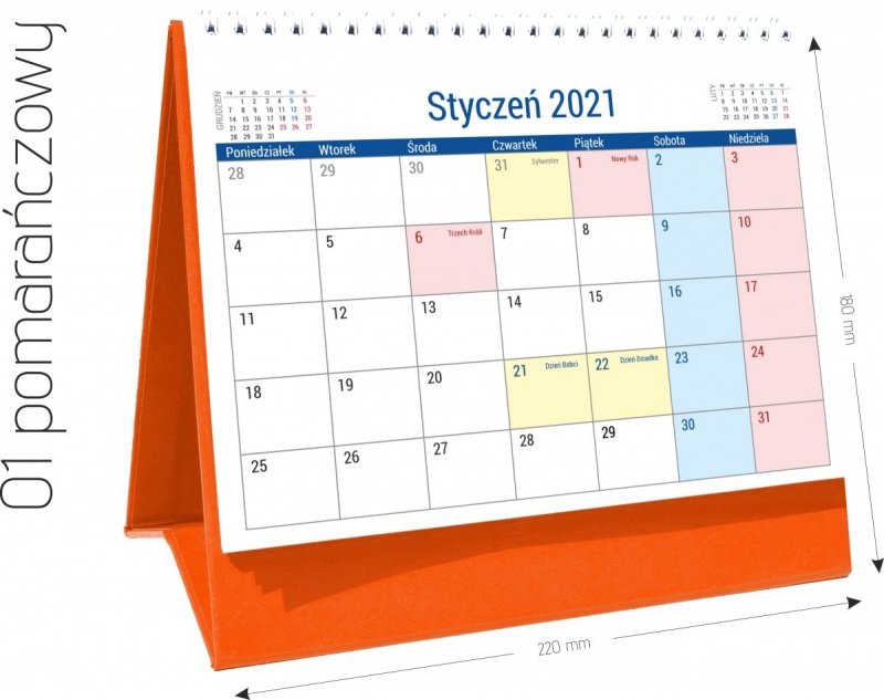 Kalendarz biurkowy stojący na podstawce PLANO 2021 pomarańczowy 01