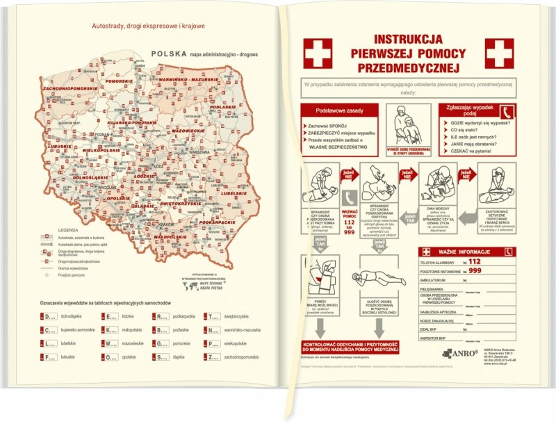 mapa z autostradami, drogami ekspresowymi i krajowymi oraz instrukcja pierwszej pomocy 