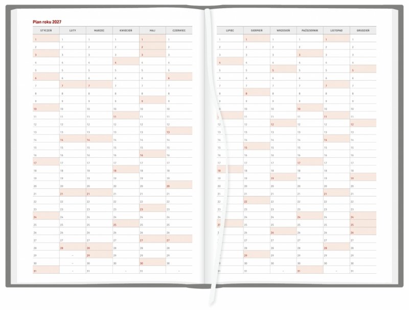 plan roku 2027 w kalendarzu A4 dziennym 