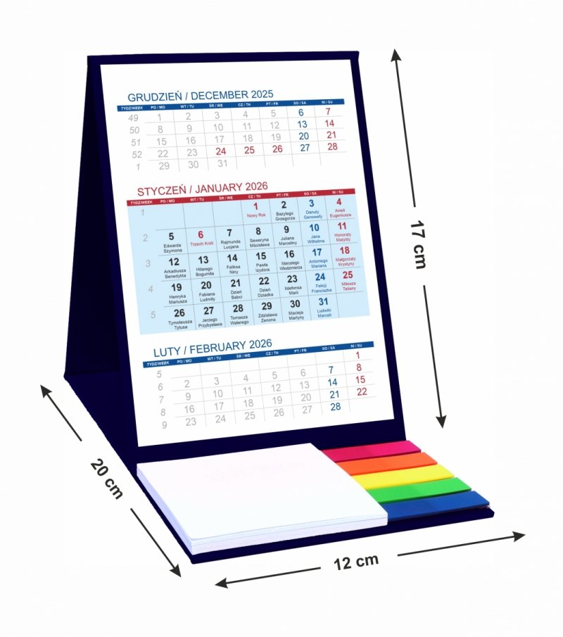Kalendarz biurkowy z notesem i znacznikami TOP 3-miesięczny 2026 granatowy
