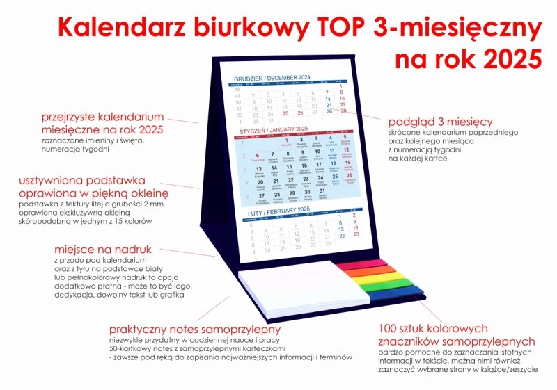 opis kalendarz 3-miesięcznego z notesem i znacznikami